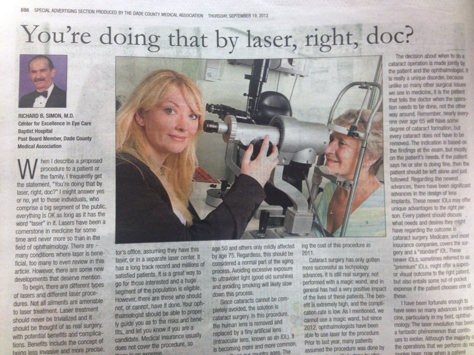 LASIK and Laser Cataract Article by Dr. Richard Simon is featured in the Miami Herald